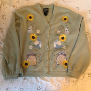 Sage, green cardigan with embroidered Totoro details